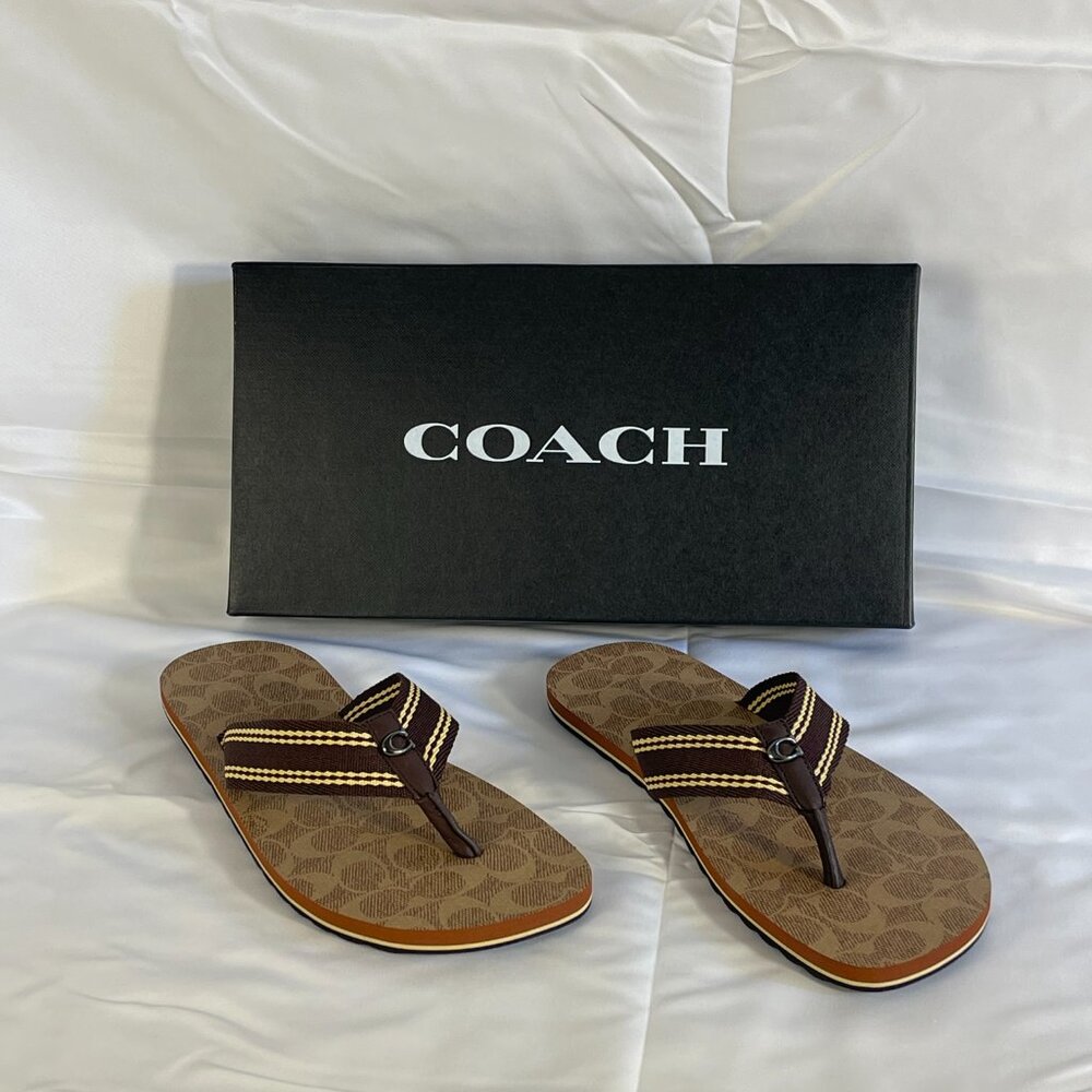 Coach Brown Monogram Flip-Flops with Stripe Accent